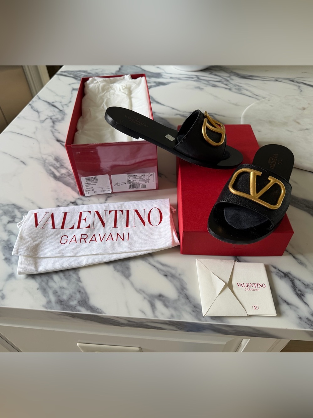 Valentino Garavani Black Leather Slide Sandals with Gold V Logo $850 - Picture 4 of 4